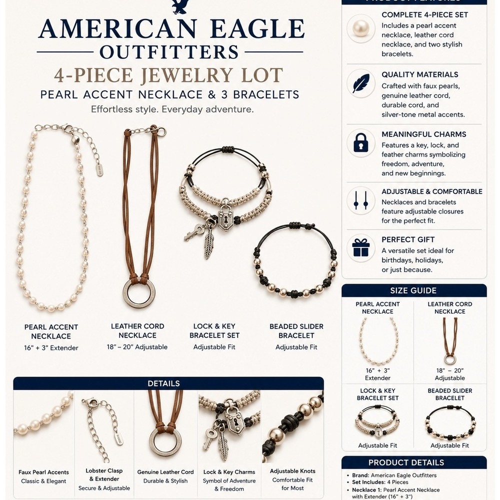 American Eagle Jewelry Lot Faux Pearl Leather Cord Necklace LockKey Bracelet NEW